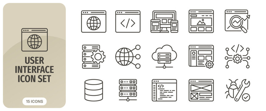 User interface icon set, web development and programming symbols, vector line icons for website design, software development, cloud computing, server management, and debugging tools