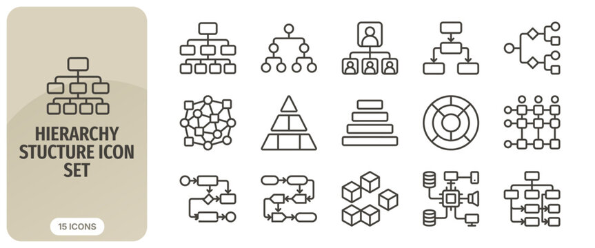 Hierarchy structure icon set, business organization chart, management flow, corporate levels, decision tree, network diagram, pyramid and process workflow, vector line icons