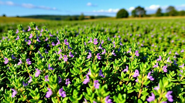 Blooming thyme field grows under bright summer sunlight. Small purple flowers blossom on green herbs. Cultivated aromatic plants cover rural land landscape. Fresh spice grows in agricultural area for
