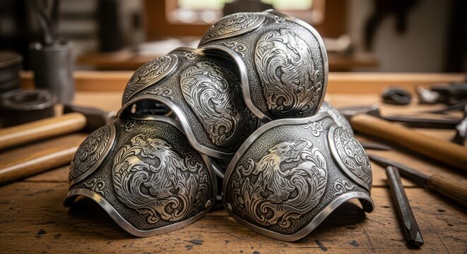 Intricately Engraved Medieval Steel Pauldrons Stacked in a Blacksmith's Workshop