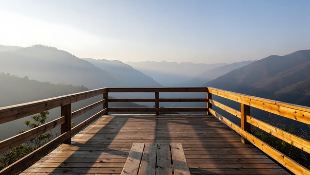 Wooden Observation Deck Overlooking Misty Mountain Valley at Sunrise