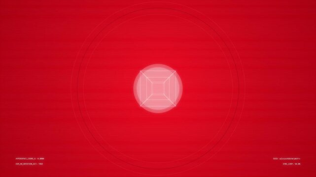Rotating geometric wireframe cube on a red digital interface background
