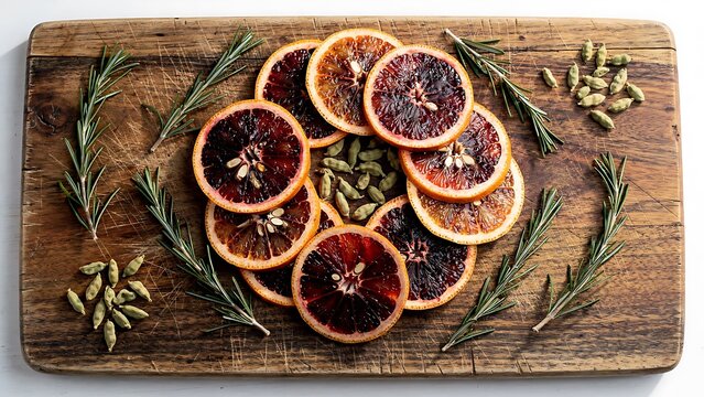 Dried Blood Orange Slices with Rosemary and Cardamom on Rustic Wooden Board