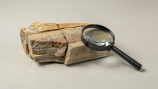 Sedimentary Rock Specimen With Magnifying Glass on Neutral Background