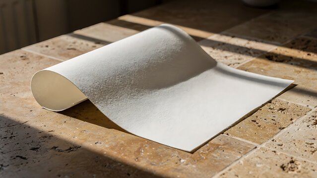 Curved White Handmade Paper Sheet on Rustic Stone Surface