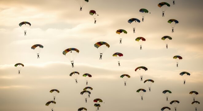 Massive group skydive with colorful parachutes against a hazy, bright sky during daylight