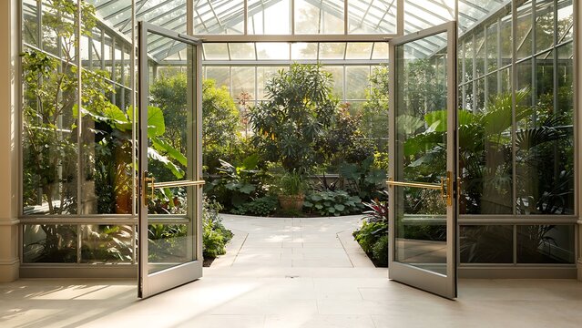 Elegant Glass Conservatory With Lush Tropical Plants and Open Double Doors