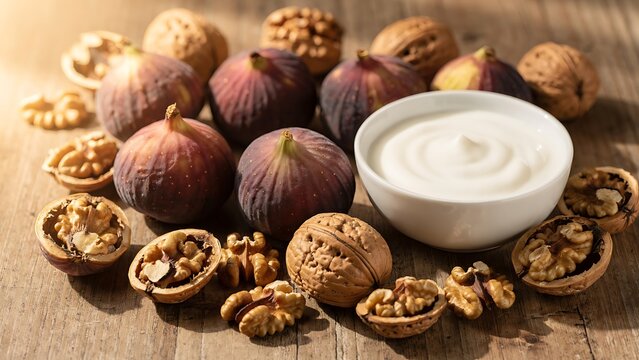 Fresh Ripe Figs, Walnuts and Yogurt Bowl on Rustic Wooden Table Healthy Food Composition