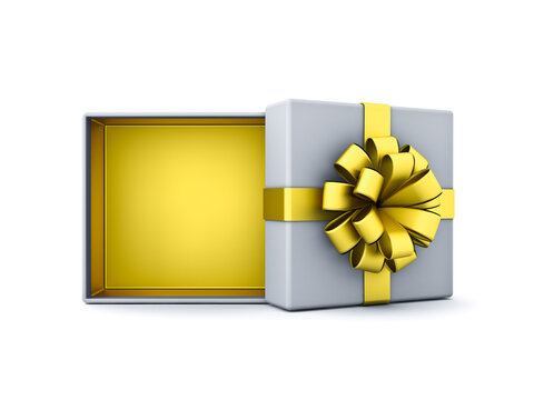 Blank gold gift box mockup exhibition booth products display stand showcase or opened present box tied with golden ribbon bow isolated on white background creative idea conceptual 3D rendering