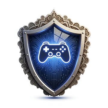 Metallic Shield Emblem With Video Game Controller