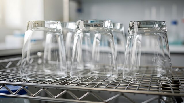 Clean Laboratory Glassware Drying on Stainless Rack in Modern Laboratory