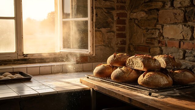 Fresh Rustic Artisan Bread Cooling in Traditional Bakery Kitchen