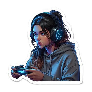 Cute Girl Gamer Playing Video Games Wearing Headphones