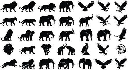 Obraz premium African Safari Wildlife Silhouette Icon Set Featuring Lions Elephants Panthers and Eagles for Nature Conservation Zoo Branding and Wild Animal Graphic Designs