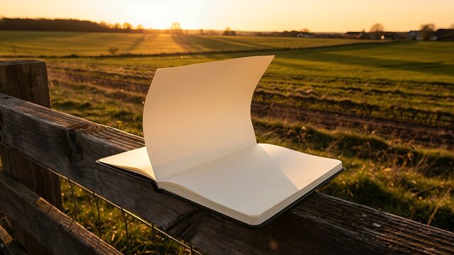 Blank Open Notebook on Wooden Fence Overlooking Countryside at Sunset