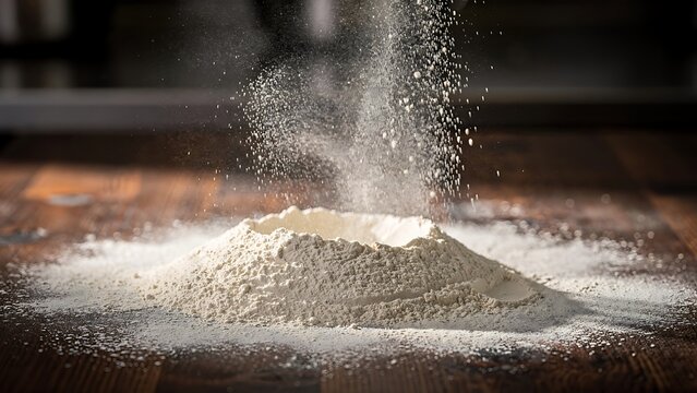 Fresh Wheat Flour Falling onto Wooden Table for Baking and Culinary Preparation