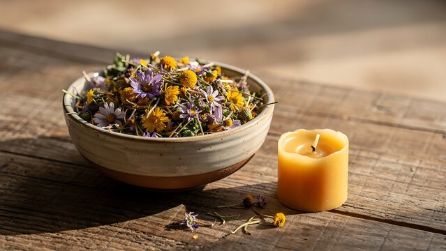 Ceramic Bowl Filled with Fresh Wildflowers and Candle on Rustic Wooden Table