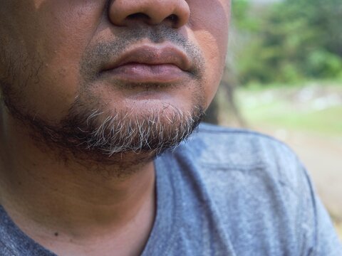 A close-up view of a mature Asian man's lower face showing growing stubble and a greying beard on his chin