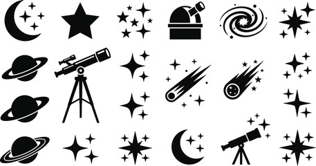 Astronomy and Space Silhouette Icon Set Featuring Telescope Planet Saturn Crescent Moon Stars Comet Galaxy and Observatory Symbols for Education and Science Designs © Joy