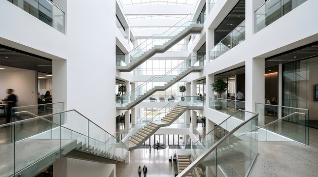 Modern shopping mall interior with escalators and glass architecture. Contemporary retail space featuring sleek design and natural lighting for com...