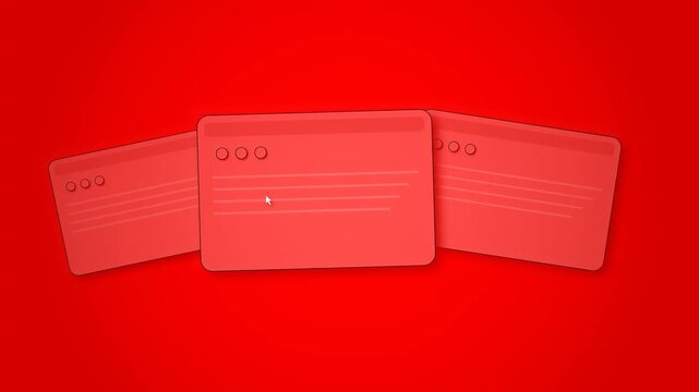 Three Red Web Browser Windows Opening on a Solid Minimalist Background