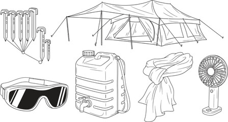 Collection of camping and outdoor gear illustrations including a tent water container fan goggles and thermometer perfect for travel or survival themes © Zohaib