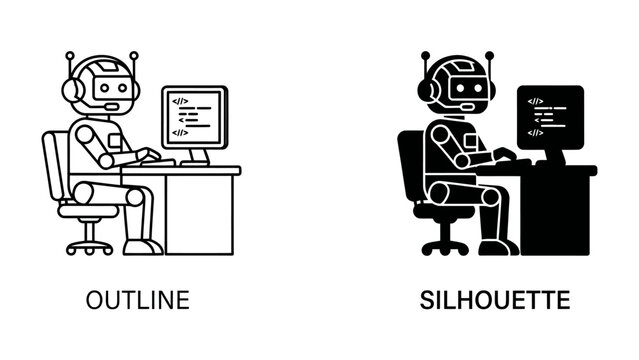 Robot Coder: An outline and silhouette illustration of a robot sitting at a desk, typing on a computer, representing artificial intelligence and automation in programming.