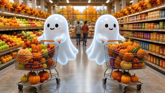 Cute Friendly Ghosts Shopping for Fall Harvest Groceries in a Supermarket Aisle with Pumpkins and Autumn Produce