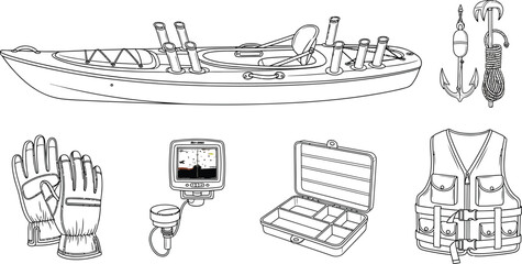 Kayak fishing gear collection including a fishing kayak with rod holders tackle box life vest gloves fish finder anchor and buoys isolated on white background © Zohaib