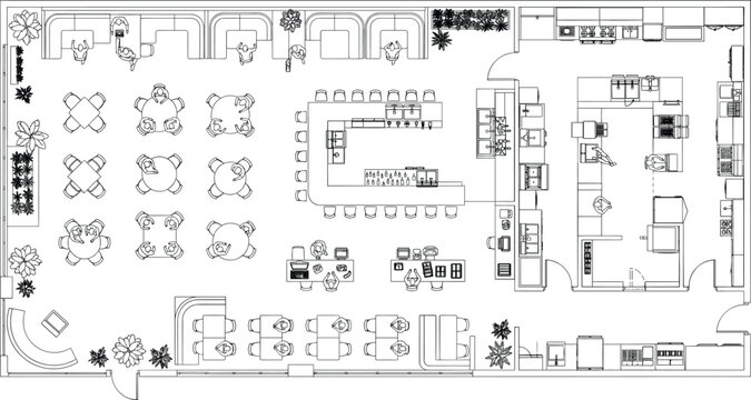 Modern Restaurant Floor Plan Layout with Dining Kitchen Bar and Seating Arrangement