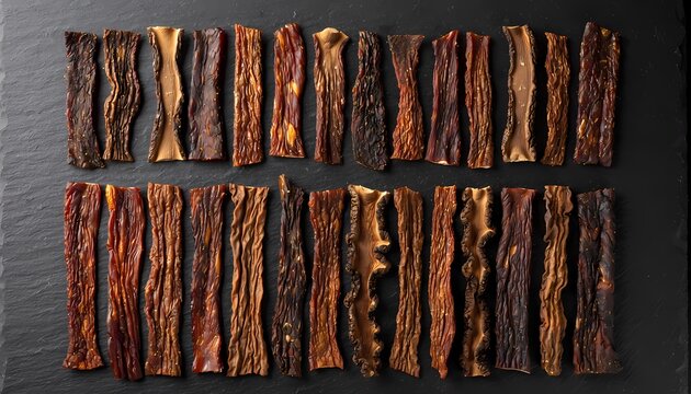 Beef jerky strips arranged on slate. Dried meat snack rows on dark stone background.