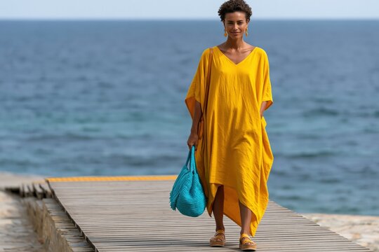 Woman in loose yellow caftan dress with turquoise tote walking on pier by the sea for summer resort style banner and editorial use