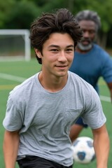 Fototapeta premium Young male teen dribbling soccer ball on turf for sports training background and youth coaching banner showing focus and active outdoor play