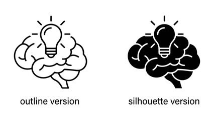 Brain and Lightbulb Idea Icon: Two distinct icons, an outline and a silhouette, depict a stylized human brain illuminated by a glowing lightbulb, symbolizing innovation, intellect. © Ashraful