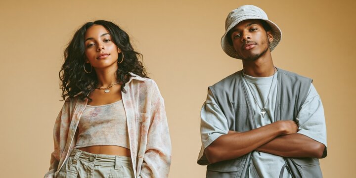 Stylish young couple portrait in casual summer outfits on beige backdrop for lifestyle banner and fashion background