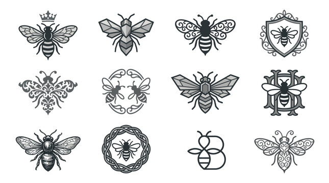 Geometric bee silhouettes and ornamental insect icons.