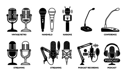 Microphone Vector Icon Set Featuring Vintage Retro Handheld Karaoke Conference Streaming and Podcast Recording Audio Equipment Symbols in Silhouette Graphic Styles © MdFerdous