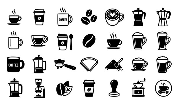 Coffee Shop and Barista Equipment Vector Icon Set Featuring Espresso Cups Beans French Presses Moka Pots Siphon Brewers Grinders and Paper Filters