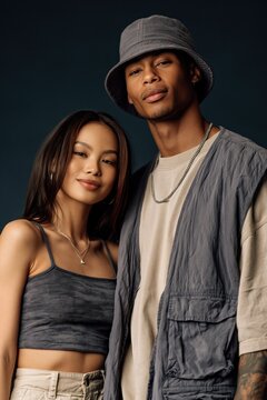 Stylish young couple studio portrait with bucket hat and layered necklaces for fashion banner and editorial background