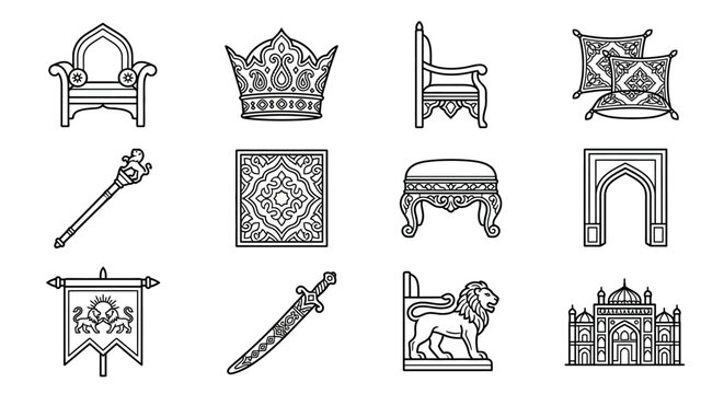 Royal Icons Set: Crown, Throne, Sword, Palace, Lion
