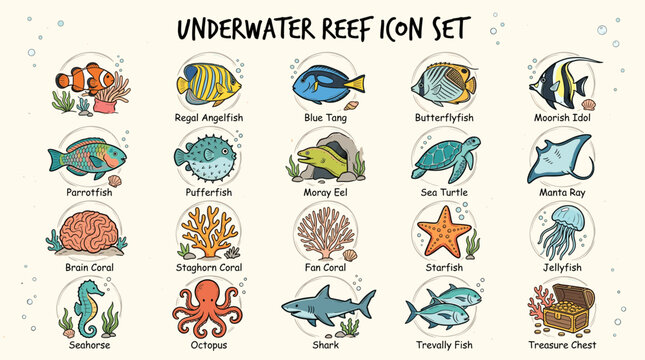 Underwater Reef Icon Set Illustrations for Marine Life and Coral
