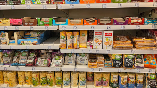 Organic bio food products on supermarket retail shelves