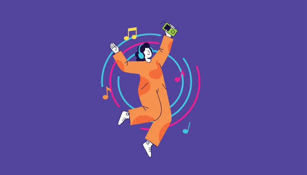 Energetic young person listening to music with headphones and dancing happily against a purple background.