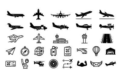 Aviation and Aviation Travel Vector Icon Set Featuring Commercial Airplanes Helicopters Airport Terminals Runway Control Towers Passports and Flight Navigation Route Graphic Symbols © MdFerdous