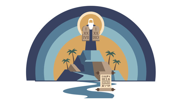 Prophet Moses holding the stone tablets of the Ten Commandments on Mount Sinai under a bright sun and arches.