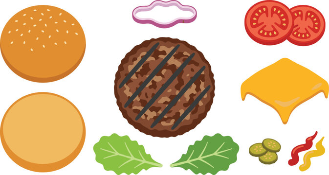 Burger ingredients vector construction element set with sesame buns grilled beef patty cheese slices tomato onion lettuce pickles ketchup and mustard