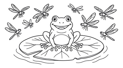 Smiling frog on lily pad with dragonflies coloring page. © rodin