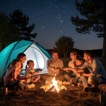 Happy Family Enjoying Campfire at Night under Starry Sky.