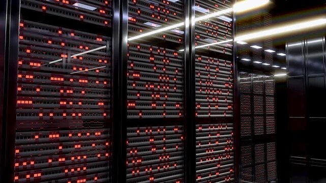 Sliding motion along the aisle in the server room and approaching a server rack with flashing neon green, red and blue lights. 3d animation