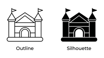 Fototapeta premium Bouncy Castle Icon: An outline and silhouette graphic of a bouncy castle, perfect for event planning or children's entertainment graphics.